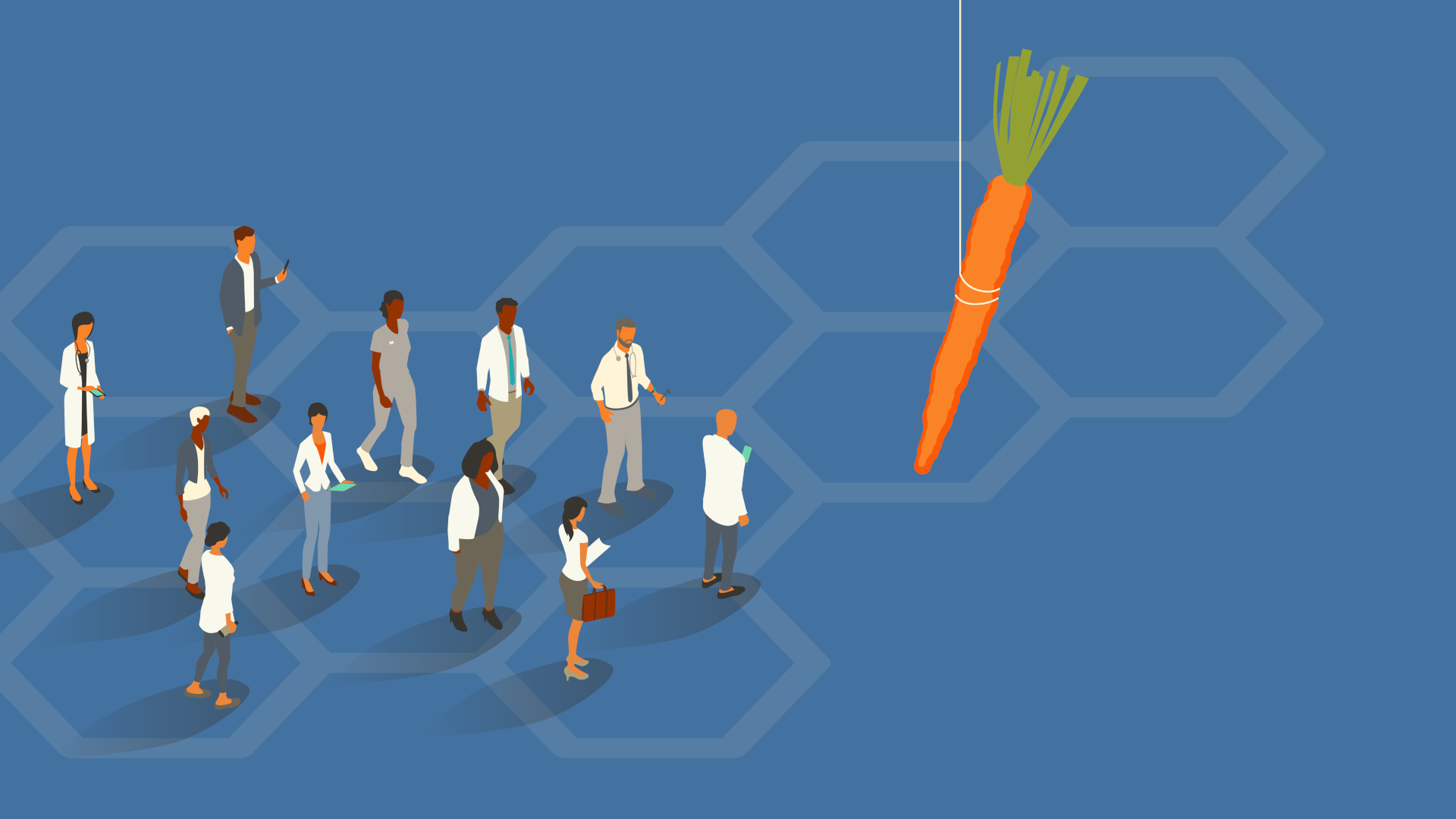 A group of 11 healthcare professionals follow an oversized, dangling carrot to illustrate the concept of incentivization.