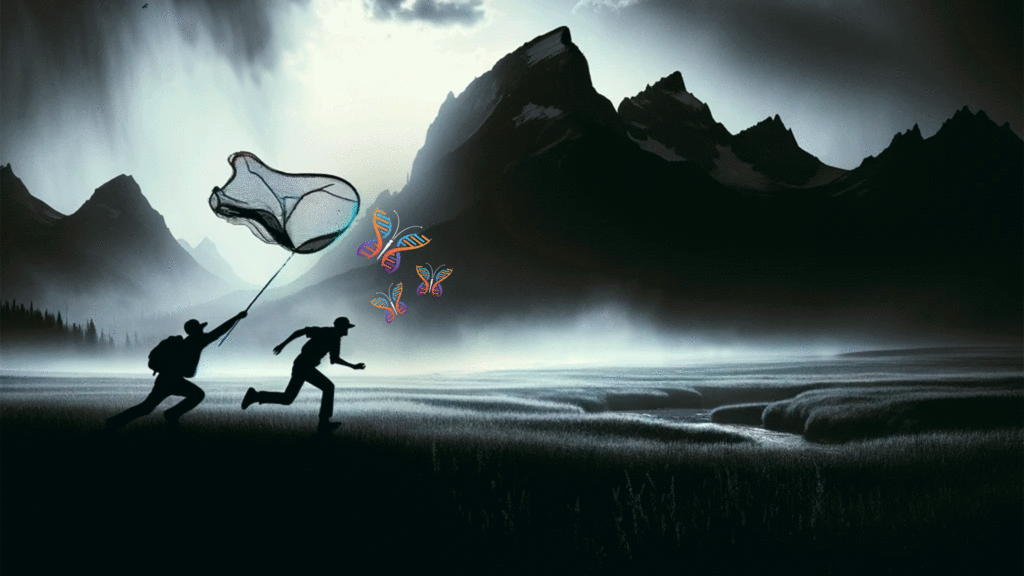 an illustration of scientists in the field swiping a net at butterflies