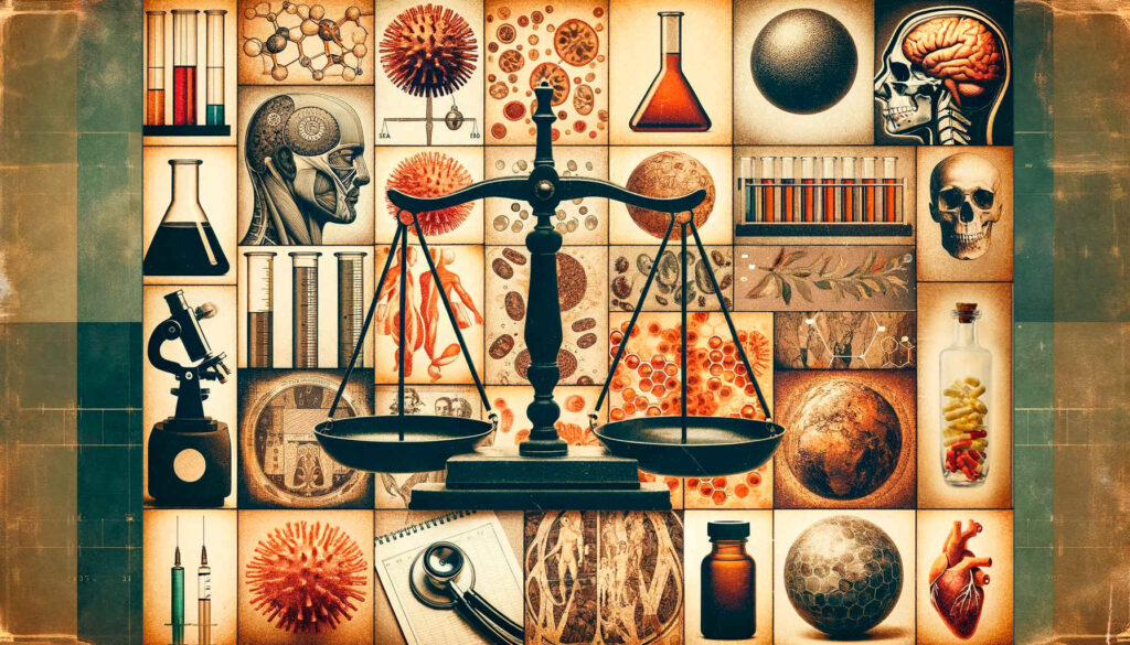 scales with collage of medicine, anatomy, and virus cells in the background