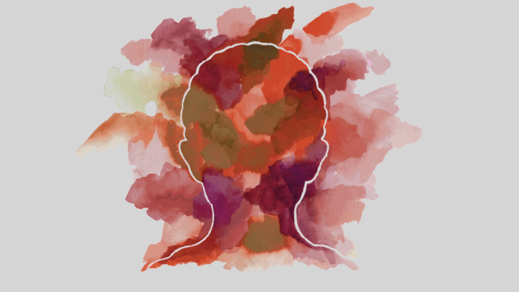 a silhouette of a child with red, orange, and yellow splashes of color