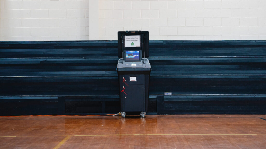 A voting machine at a polling location during the South Carolina Democratic Primary on February 3, 2024, in St. Matthews, South Carolina.
