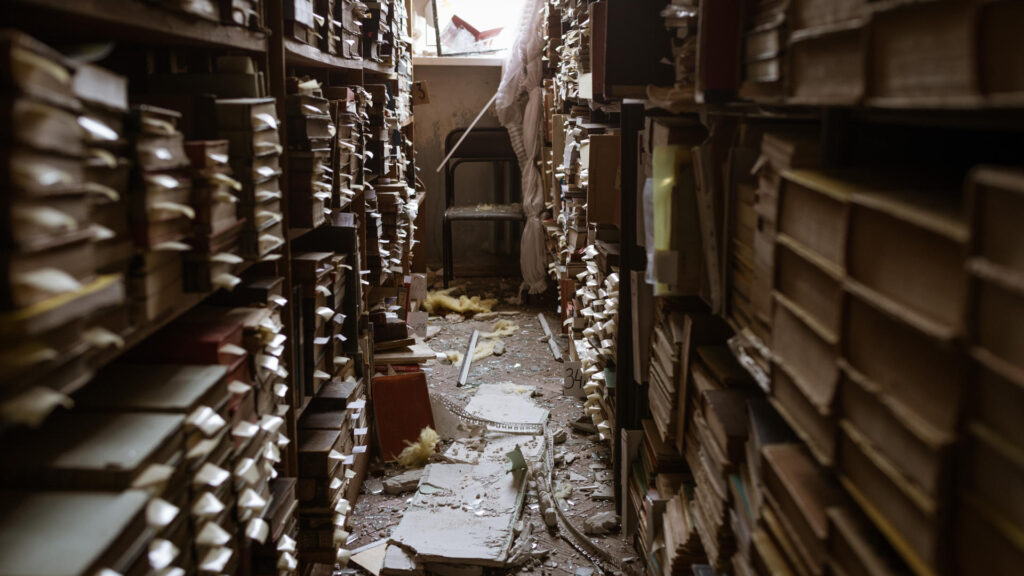 A view of damage inside the Maksymovych Scientific Library in Kyiv, Ukraine, after Russian missile attacks in October 2022.