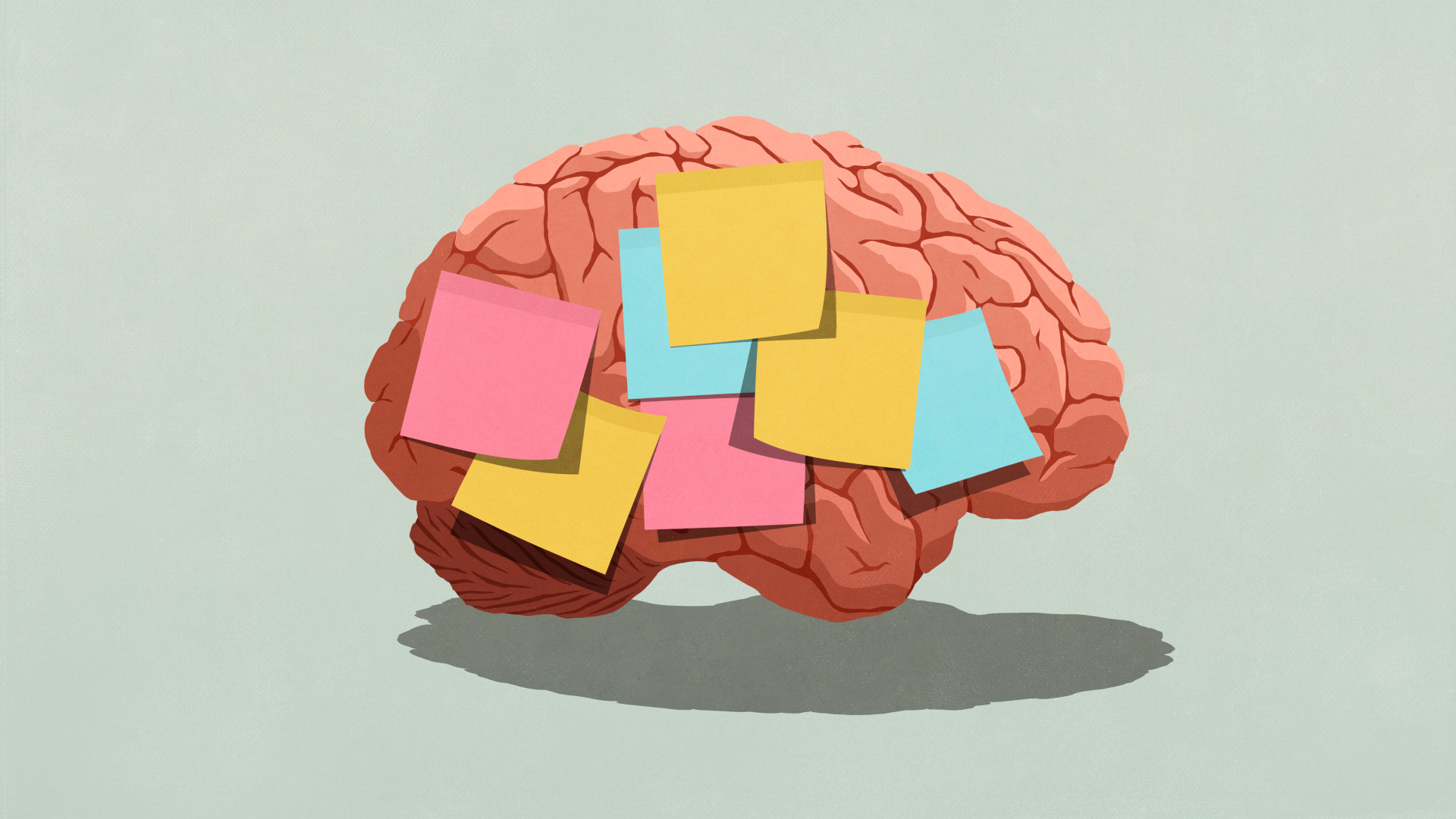 Illustration of colorful adhesive notes covering a brain