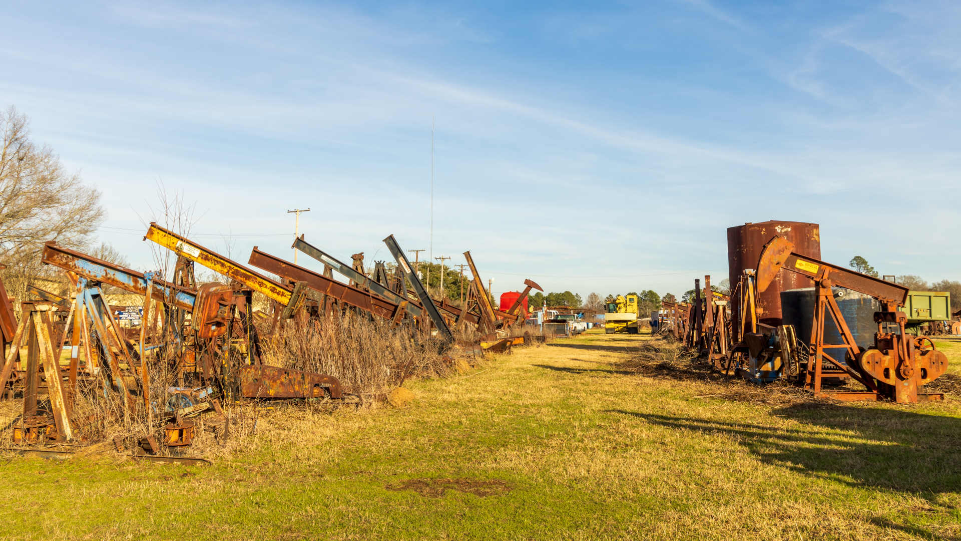 A cemetery of old oil and gas pumpjacks in Louisiana.