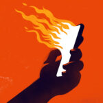 This illustration depicts a hand holding a smartphone emanating flames. The flames are rendered in a bright, fiery orange and white, creating a stark contrast against the dark background and the black silhouette of the hand and phone. This imagery could symbolize the viral spread of information, hot news, or the burning intensity of social media and communication in the digital age.