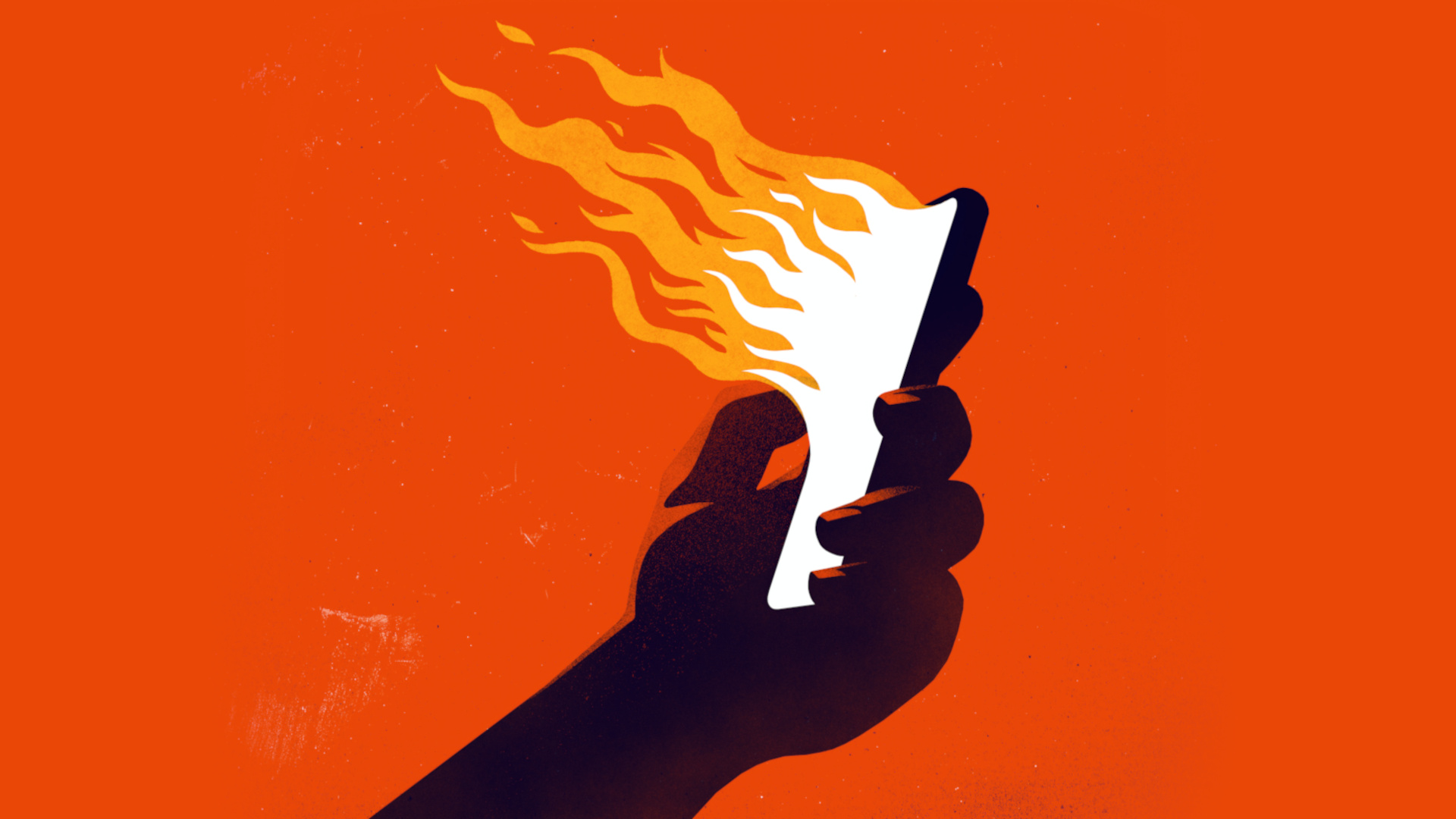 This illustration depicts a hand holding a smartphone emanating flames. The flames are rendered in a bright, fiery orange and white, creating a stark contrast against the dark background and the black silhouette of the hand and phone. This imagery could symbolize the viral spread of information, hot news, or the burning intensity of social media and communication in the digital age.