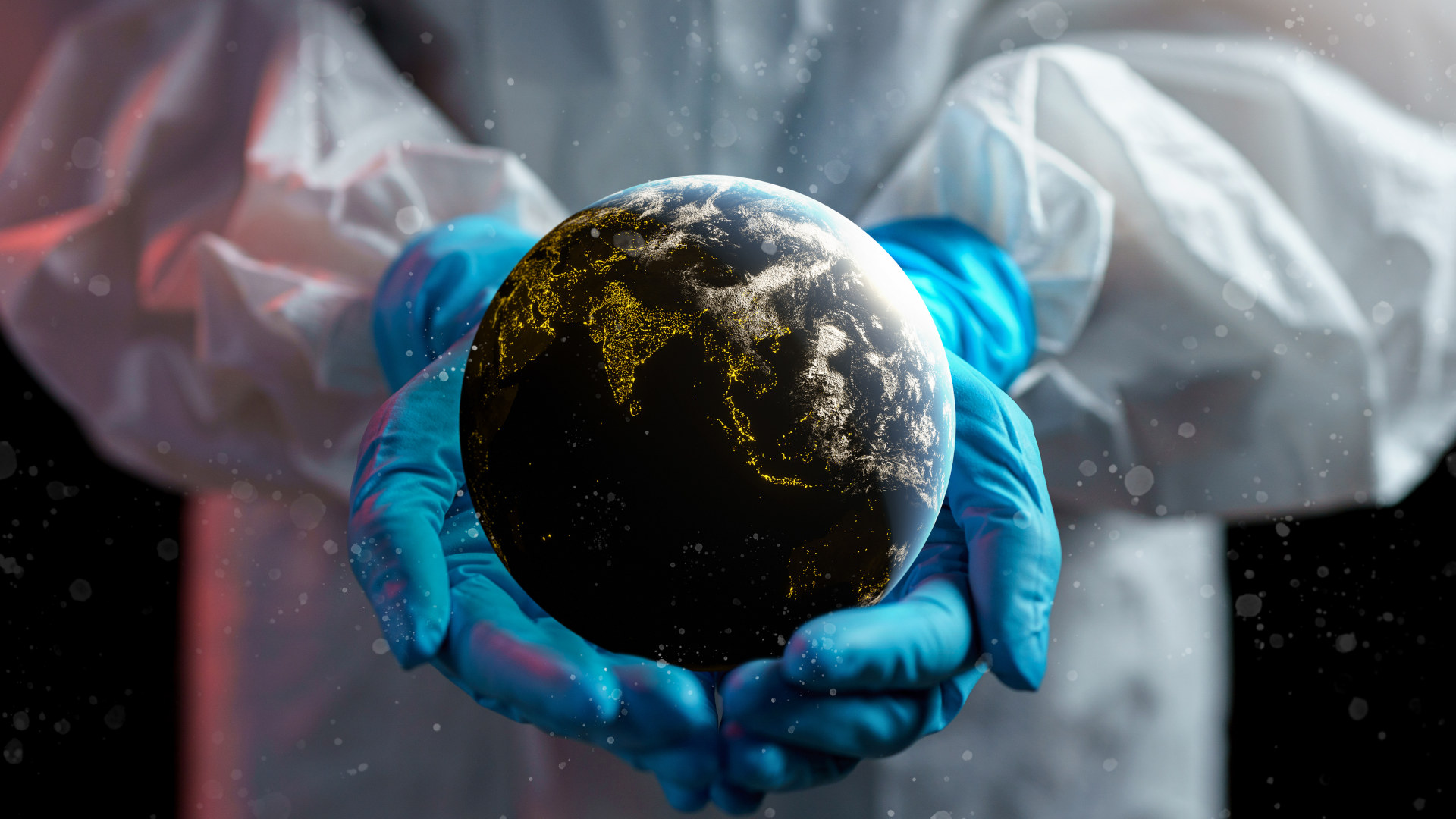 Scientist holding planet Earth in gloved hands