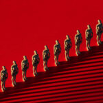 3D rendering illustration of artificial intelligence robots on a red background