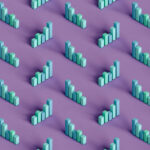 Three dimensional pattern of pastel colored bar graphs standing against purple background - stock illustration