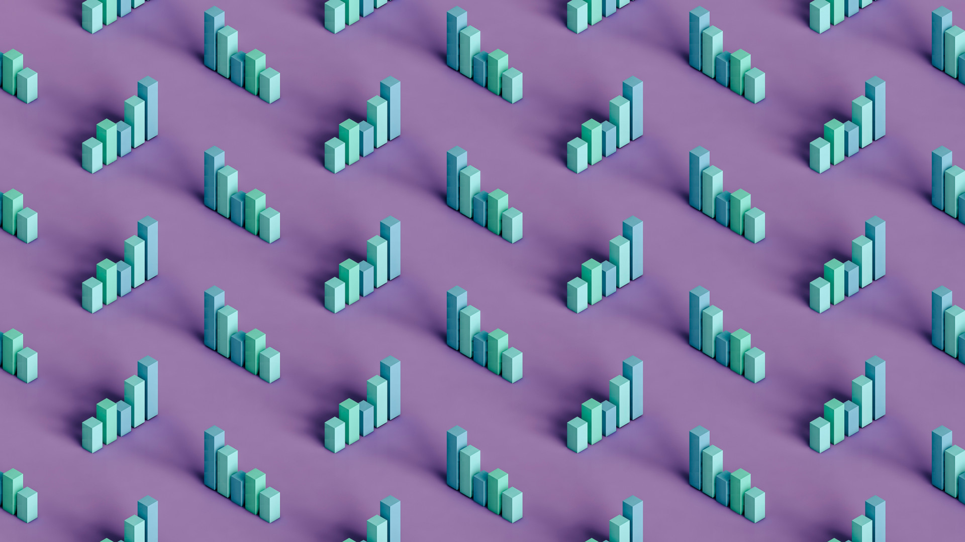 Three dimensional pattern of pastel colored bar graphs standing against purple background - stock illustration