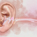 hearing illustration. ear with sounds around it