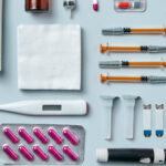 Directly above view of some medical supplies on green colored background. Medical concepts.