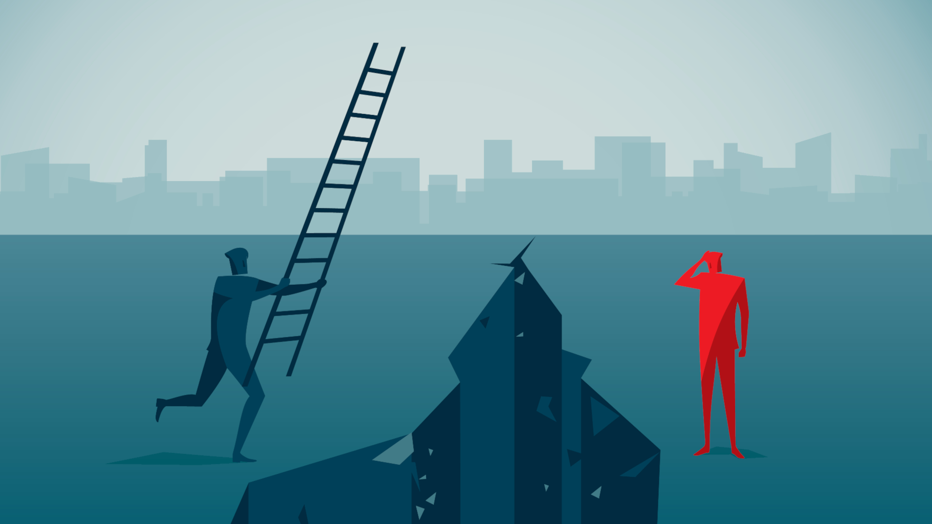 two figures on either side of a rift. one brings a ladder to bridge the divide.