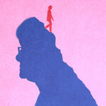 Illustration of woman walking down deteriorating head of senior woman suffering from Alzheimers disease