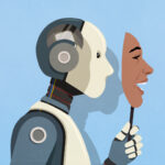 Robot holding a laughing human face in front of its own face