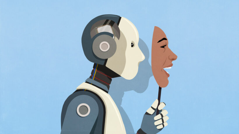 Robot holding a laughing human face in front of its own face