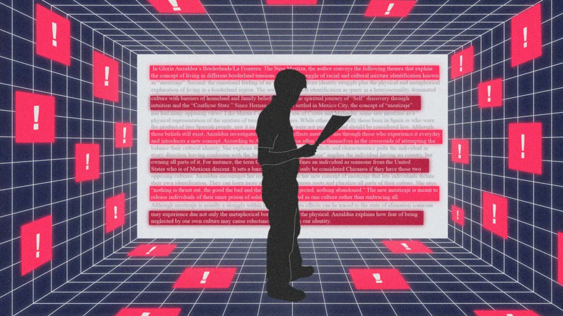 a black silhouette holding a paper stands in front of text highlighted in pink and red