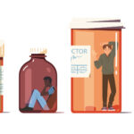Drug concept set. People trapped inside pill bottles, drug dependent person suffering.