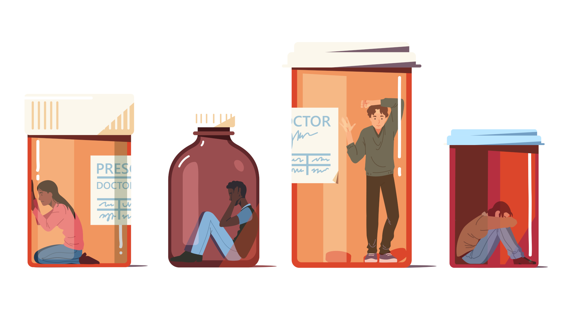 Drug concept set. People trapped inside pill bottles, drug dependent person suffering.