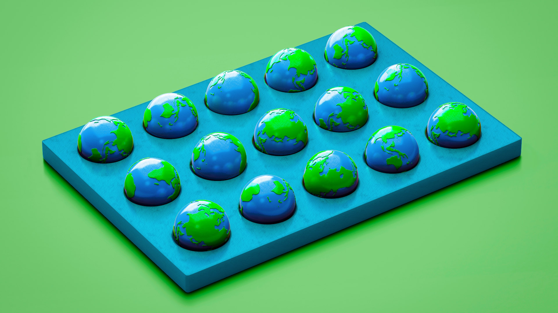 A group of worlds in a grid rotated at different angles