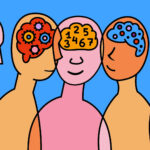 five colorful cartoon figures with different illustrations in their brains - puzzles, gears, numbers, arrows