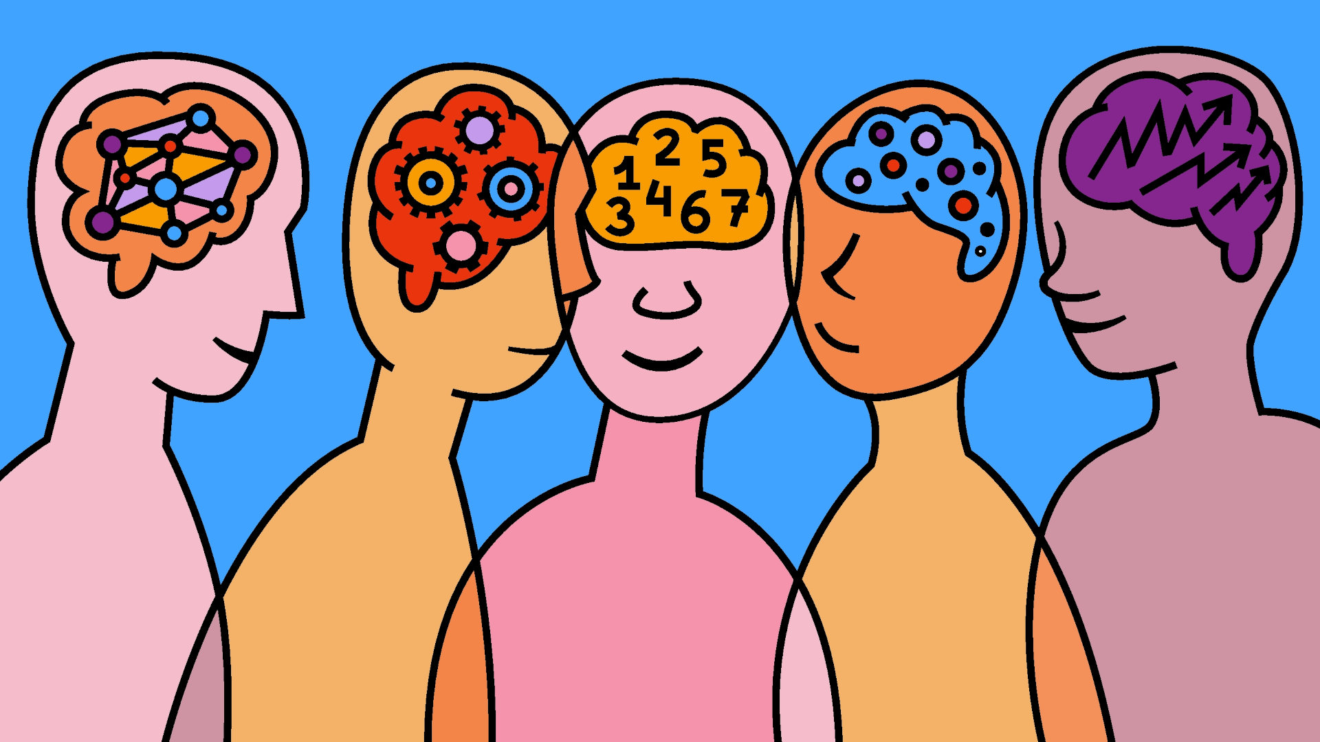 five colorful cartoon figures with different illustrations in their brains - puzzles, gears, numbers, arrows