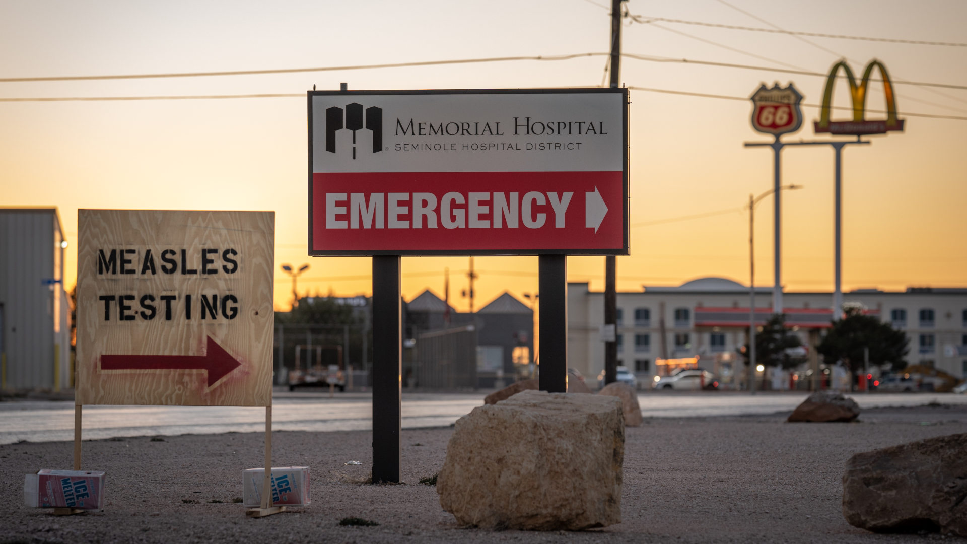 In February, signs point the way to measles testing in the parking lot of the Seminole Hospital District in Texas.