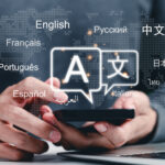 Multilingual Language Translation, Communication Concept. Man using phone with icons various languages, global language translate, multilingual technology, international connections, AI translator,