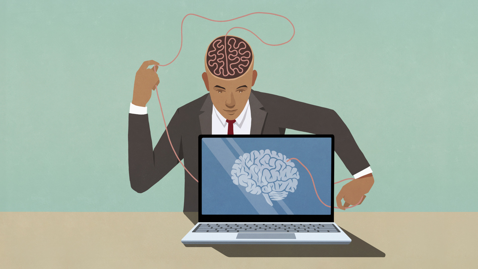 Businessman at laptop pulling at string in brain