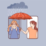 Woman supports upset friend by holding umbrella over girl head who leaning out of phone screen. Concept of mobile applications for providing psychological assistance to upset people