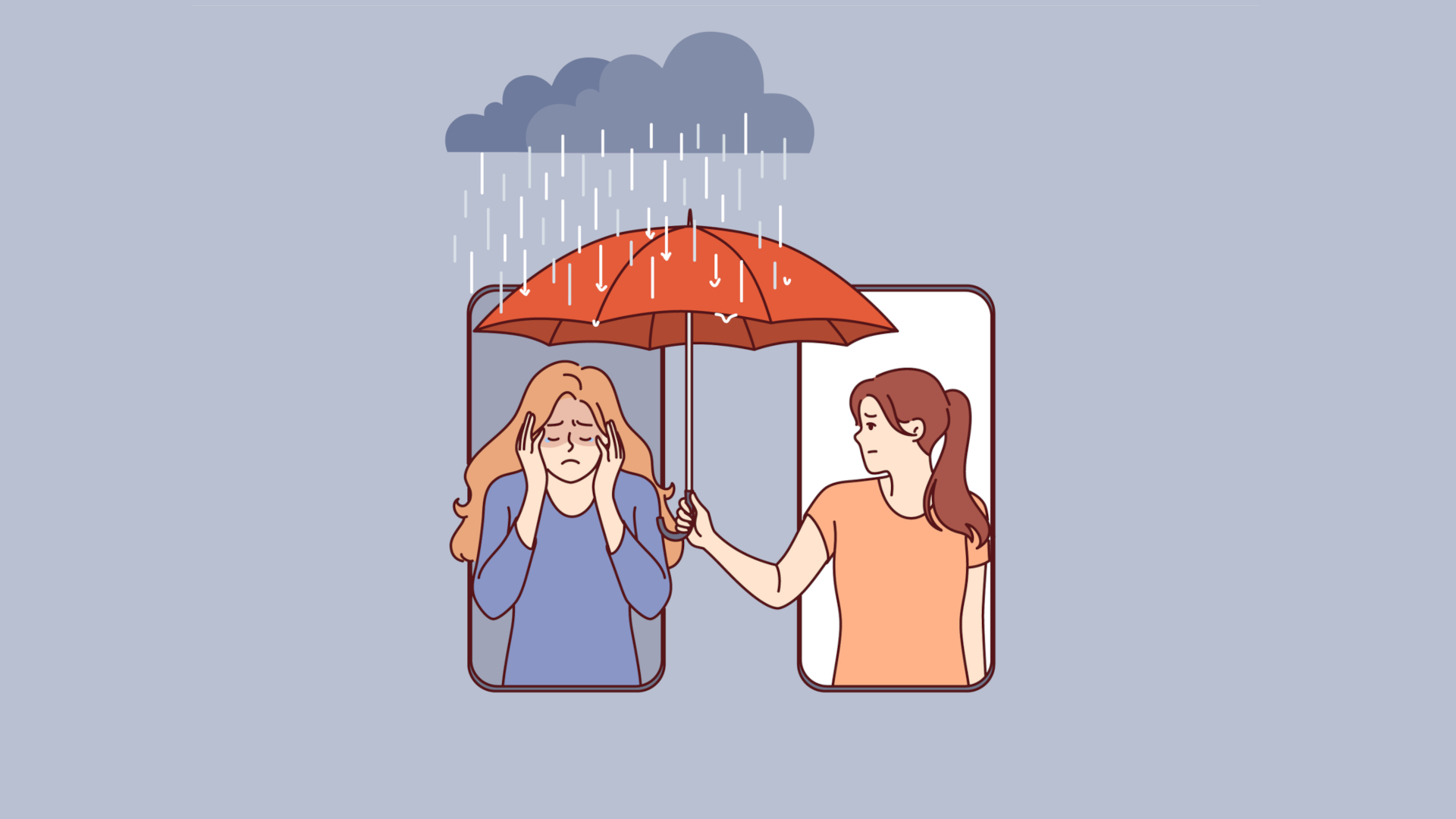 Woman supports upset friend by holding umbrella over girl head who leaning out of phone screen. Concept of mobile applications for providing psychological assistance to upset people