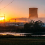 Vibrant Colored Image of two cooling towers of a nuclear power facility in Tennessee, USA on a Sunny Autumn Day.
