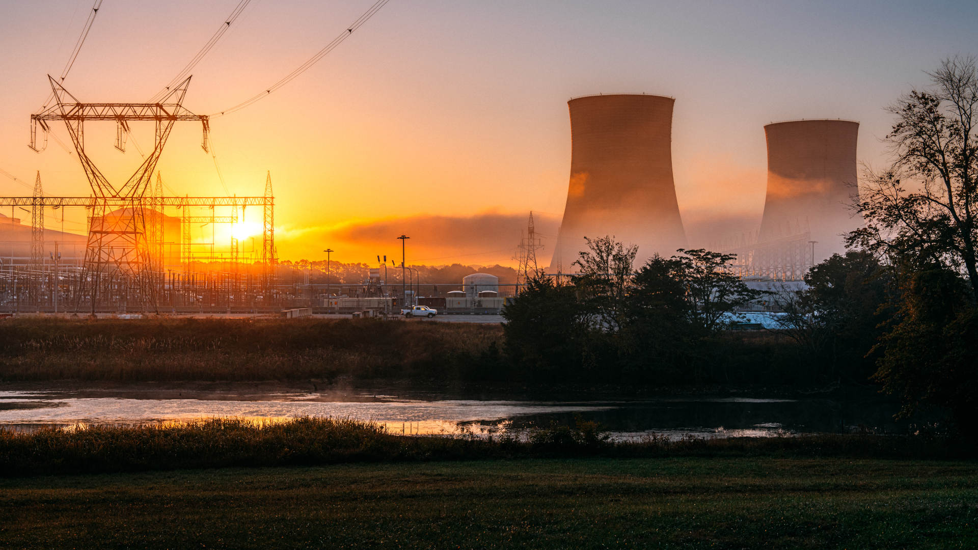 Vibrant Colored Image of two cooling towers of a nuclear power facility in Tennessee, USA on a Sunny Autumn Day.