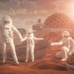 a family of astronauts in a colony on Mars, mom, dad and child astronauts space travelers render 3d
