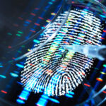 Conceptual image illustrating genetic research. A human finger print with a DNA (deoxyribonucleic acid) profile underneath a human sample being pipetted into a petri dish.