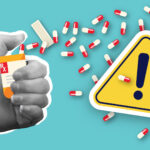 Vector illustration of Collage style hand holding bottle of prescription medication.