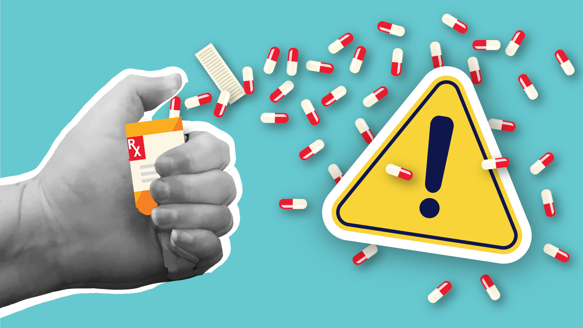 Vector illustration of Collage style hand holding bottle of prescription medication.