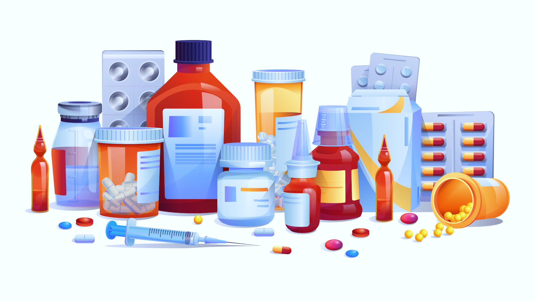 Medication drugs, pills and tablets, capsules set isolated icons. Vector meds, pharmaceutical pharmacy tablets, syringe injections. Various glass bottles with liquid medicines, plastic tubes with caps