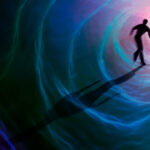 Conceptual artwork. A person walking in a tunnel towards a bright light.