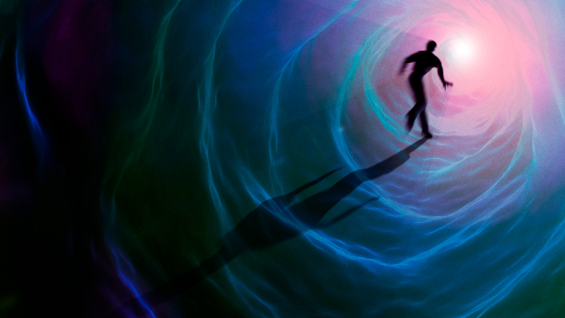 Conceptual artwork. A person walking in a tunnel towards a bright light.