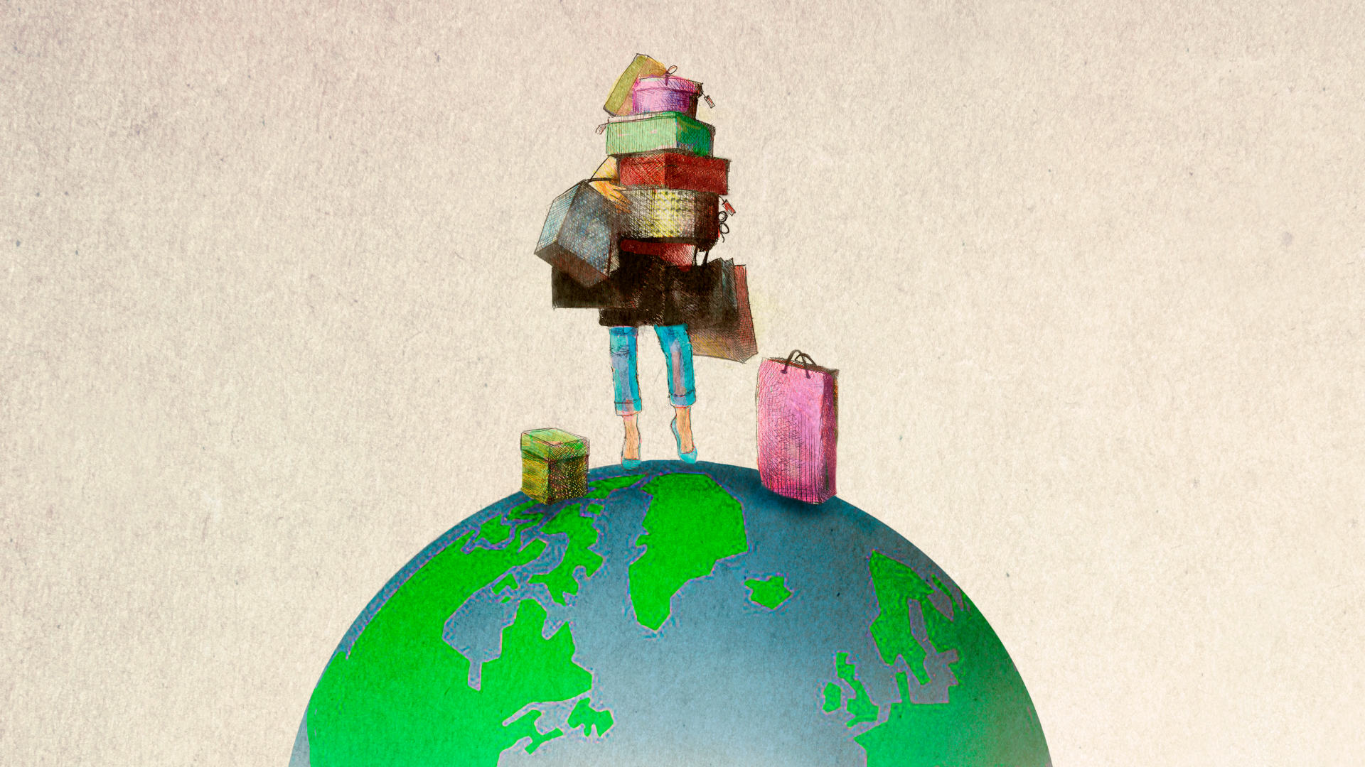 concept illustration drawn from imagination of woman holding shopping standing on a disappearing world