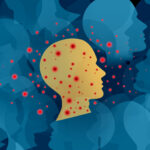 illustration of measles outbreak, red spots over a yellow silhouette, with blue silhouettes in the background