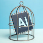 An AI computer chip locked in a birdcage.