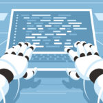 Artificial intelligence writing code. Chat bot. Robot is sitting at laptop. Vector illustration