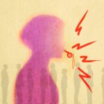 Woman blowing whistle, behind her stands a line of people