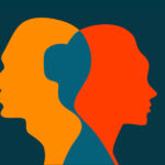 Poster with male and female profiles, yellow, orange, teal