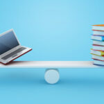 Books with Computer Laptop on Seesaw - Color Background - 3D Rendering