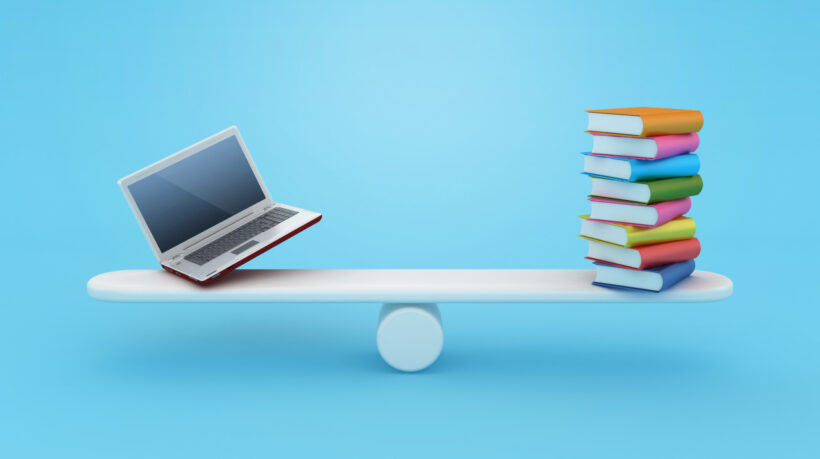 Books with Computer Laptop on Seesaw - blue Background - 3D Rendering