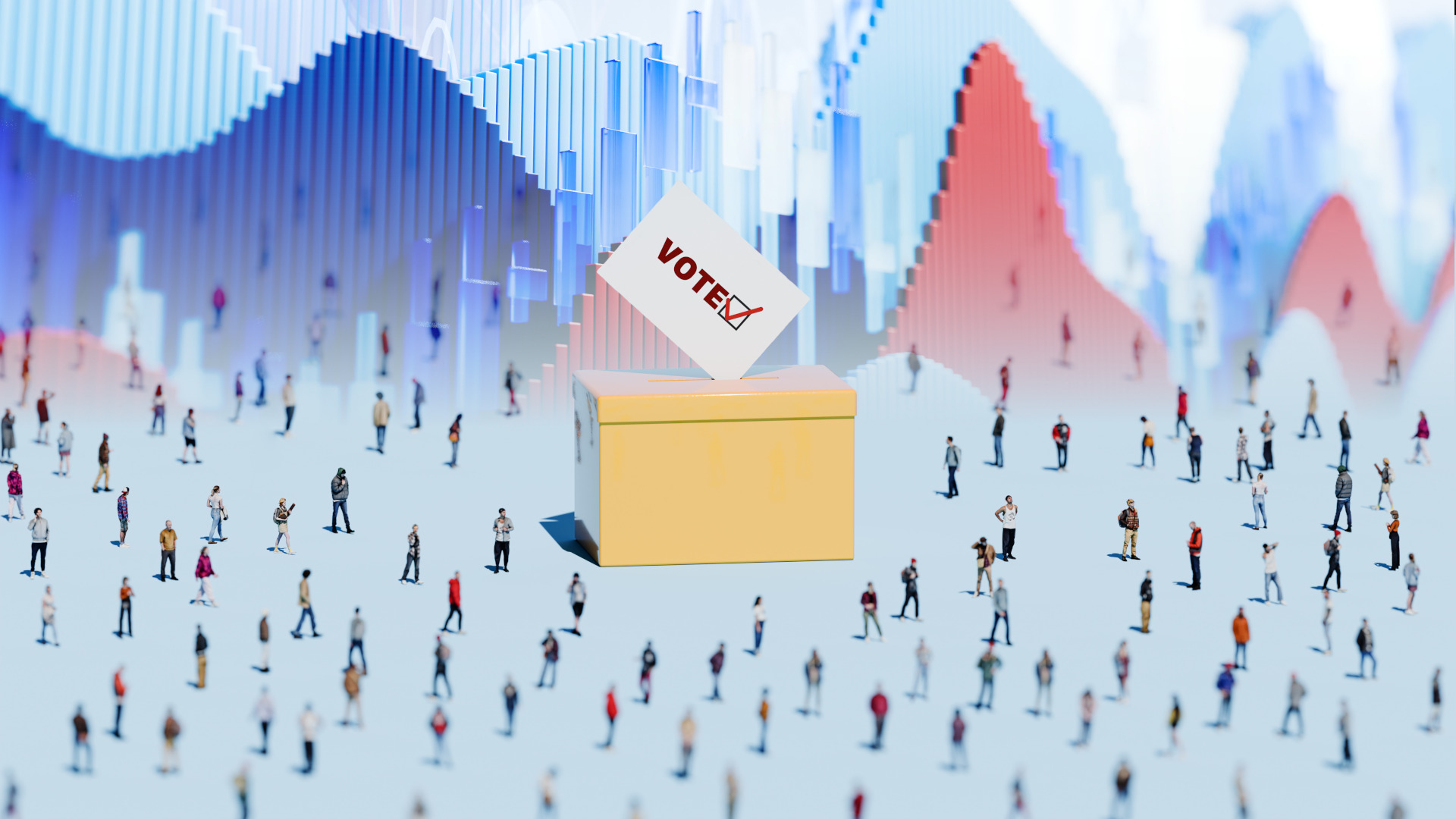 Conceptual image of an oversized voting ballot box in a large crowd of people with shallow depth of field