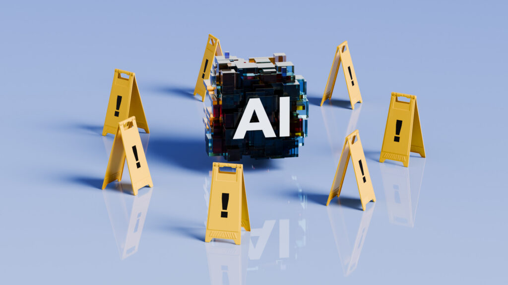 The AI symbol sits at the heart of a circle formed by bright yellow foldable caution signs adorned with exclamation marks. This image creatively conveys the urgent need for awareness and careful consideration of AI's rapid growth and its implications. The design's high impact, with its strong contrast and focal point, makes it an effective tool for raising awareness or sparking conversations around technology, security, and innovation. Perfect for customizable content with plenty of space for additional messaging or branding.